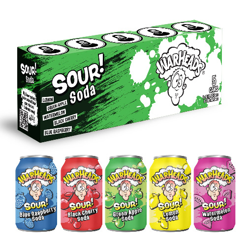 WARHEADS SODA - Sour Fruity Soda with Classic Warheads Flavors – Perfectly Balanced Sweet and Sour Soda - Warheads Candy Throwback Treat, Soda, Cocktail Mixer, Pack of 5, 12oz Cans (Sampler Pack) - Sampler Pack