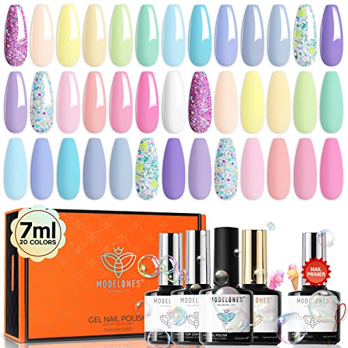Modelones Gel Nail Polish Kit 24Pcs, Pastel Summer 20 Colors 7ML Glitters Colorful Gel Polish Set with Glossy&Matte Top Base Coat + Bond Primer, Macarons Girly Collection Nails Art Manicure Home DIY Gifts for Women Girls - A Pastel Arcadia