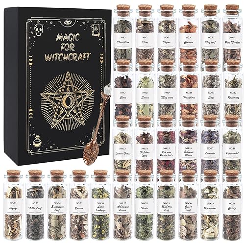 Witchcraft Supplies Herbs - 30 Bottles Dried Herbs Kit for Beginners - Altar Supplies Healing Herbal Natural Herbs Crystal Spoon for Wicca, Pagan Magic Spells and Bath