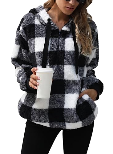 Nirovien Womens Sherpa Pullover Oversized Fuzzy Hoodie Double Fleece Sweatshirts Fluffy Plaid Outerwear Warm Coats - Medium - A-plaid Black