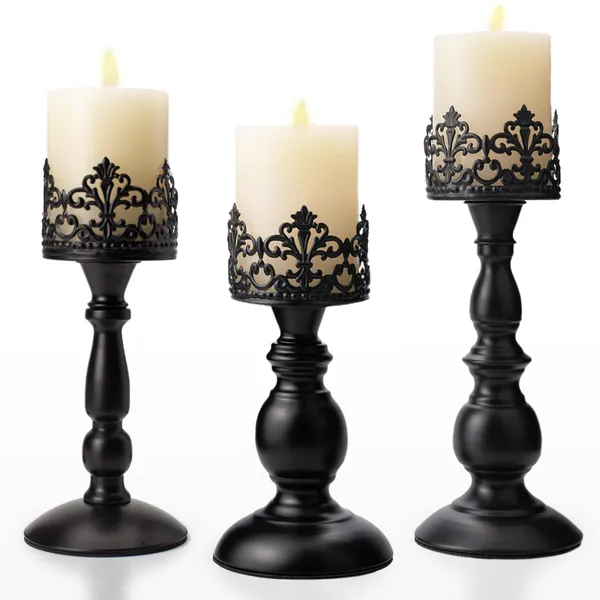 Vintage Pillar Candle Holders for Table Centerpiece Set of 3 - 11'' 9'' 8'' - Matte Black Metal Candle Stands Decorative - Candle Centerpiece for Table Fireplace Decor - Gothic Candle Holder - Matte Black