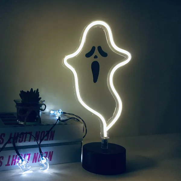 Halloween Cute Ghost Neon Sign,Spooky White Ghost Table Decor, USB or Battery Powered LED Neon Night Light for Kids Bedroom,Kitchen,Halloween Party,White Ghost - 