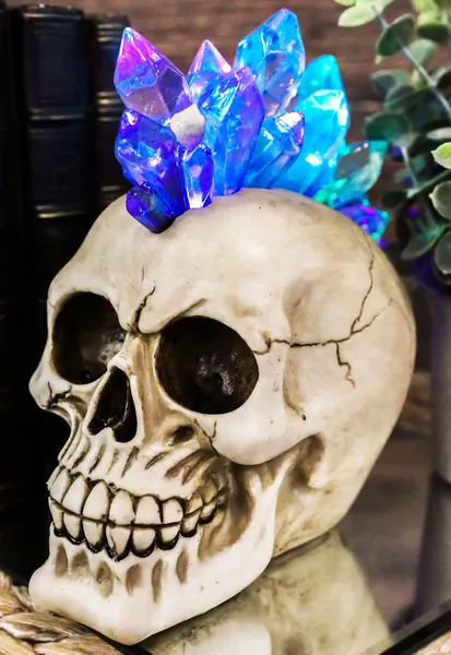 Ebros Colorful LED Light Mohawk Crystal Hair Cranium Skull Figurine As Halloween Ossuary Macabre Decor Night Light Collectible of Skulls Skeletons - 