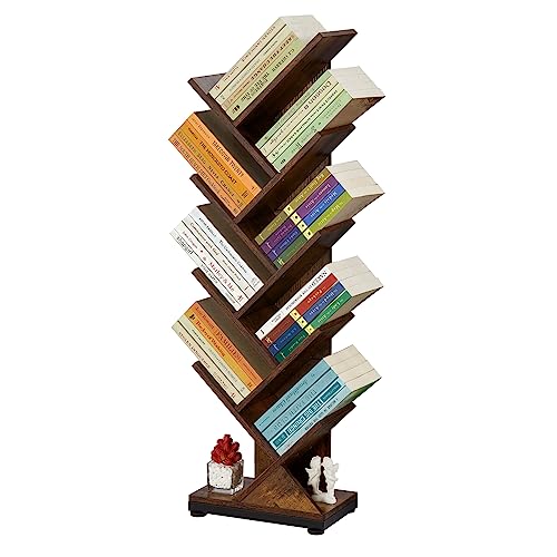 ruboka 9-Shelf Tree Bookshelf, 38.4-Inch Retro Floor Standing Bookcase Display for CDs/Magazine/Books, Small Bookshelf for Bedroom, Living Room, Office,Balcony, Brown Storage Shelves DESK54A - 8 Tier - Brown