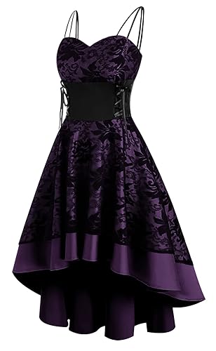 Women’s Vintage Steampunk Dress Spaghetti Strap Bandage Dresses Floral Lace High Low Dress Lolita Halloween Costumes - Large - A-purple