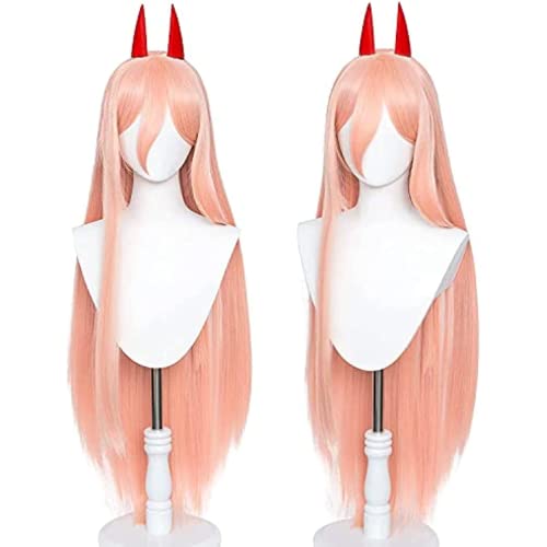 Anime Power Cosplay Wig for Chainsaw Man, Women Pink Long Straight Wig with Two Horns, for Halloween Costume Party + Wig Cap