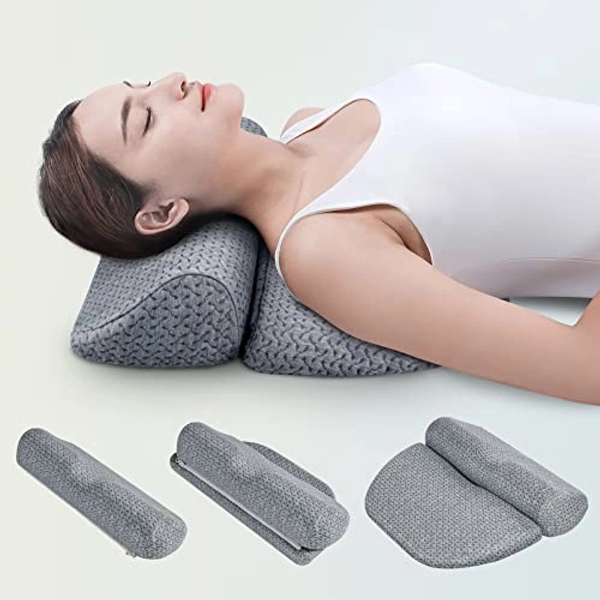 6-IN-1 Adjustable Cervical Neck Pillows for Pain Relief Sleeping, Memory Foam Bolster Pillows with Detachable Pad, Neck Support Pillow for Body Lumbar Knee Leg Back Orthopedic Neck Roll (Grey)