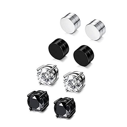 Stainless Steel Magnetic Non-piercing Biker Stud Earrings Set Piercing Huggie Small Hoop Surgical Steel Earring Stud Set Cubic Zirconia Hypoallergenic Earring for Mens Womens Teens - 4 Pairs magnetic