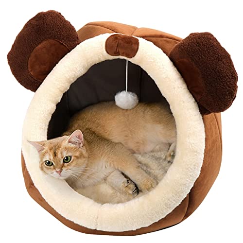 Lcybem Cat Beds for Indoor Cats - Cat Bed Cave with Removable Washable Cushioned Pillow, Soft Plush Premium Cotton No Deformation Pet Bed, Roomy Bear Cat House Design, Multiple Sizes-M - Medium - brown bear