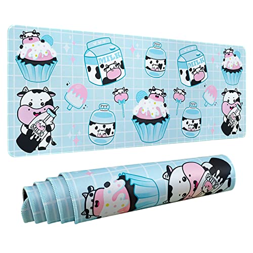Kawaii Cow Mouse Pad Mat, Extended Large Milk Cake Cow Print Gaming Mouse Pad for Desk, Pink Blue Mousepad XL, Long Big Mouse Mat, Kawaii Cow Decor Stuff Accessories, 31.5 X 11.8 Inch - Kawaii Cow