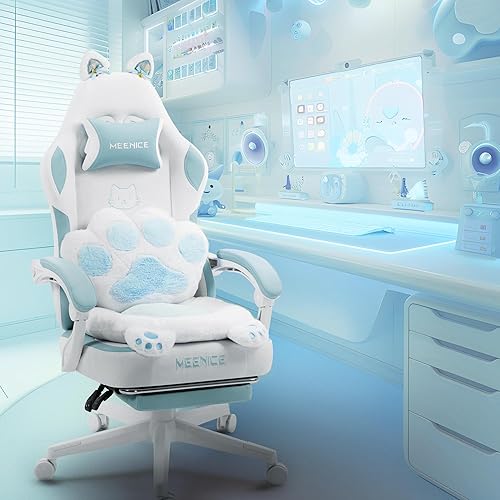Gaming Chair Cute with Cat Ears Paw Lumbar and Cushion,Ergonomic Computer Chair with Footrest,Reclining PC Game Chair for Girl Computer Chair 300lbs for Adult Aqua Blue - Blue&white