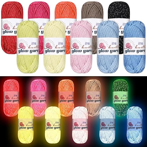 WILLBOND 10 Rolls Glow in The Dark Yarn Luminous Crochet Yarn for Crocheting DIY Knitting Glow Fingering Weight Yarn for Arts Crafts Sewing Party Supplies, 54.7 yd Per Roll (Vibrant Colors) - Vibrant Colors - 10