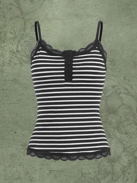ROMWE STPL Striped Contrast Lace Button Front Cami