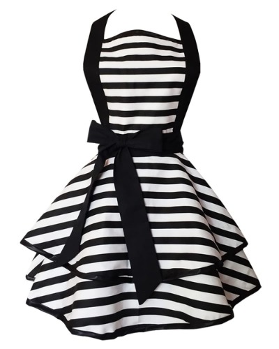 Floosum Lovely Cotton Retro Black Aprons for Women Girls Cake Kitchen Cooking Bake Apron for Mother's Gift - Black Strip