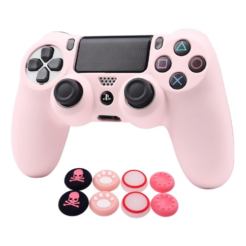 Pink PS4 Controller Skins RALAN,Silicone Controller Cover Skin Protector Compatible /PS4 Slim/PS4 Pro Controller (Pink Pro Thumb Grip x 6 ,Skull Cap Grip x 2)(Camouflage Pink+White Pink - Pure pink