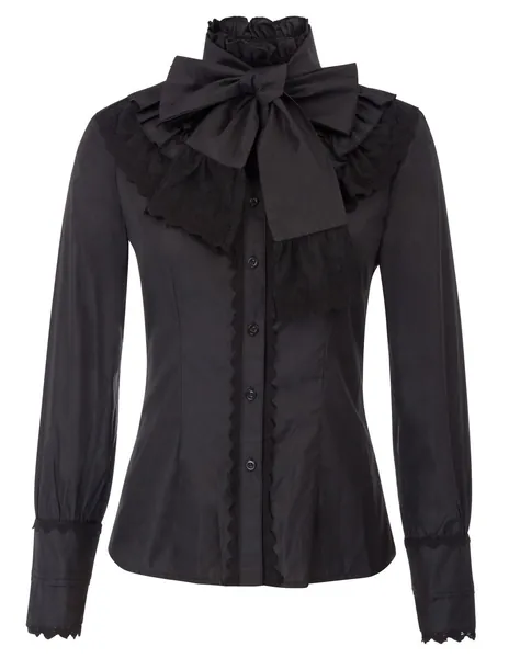 Belle Poque Women's Edwardian Blouse Vintage Ruffle Shirt with Detachable Bow-Tie - Small Black