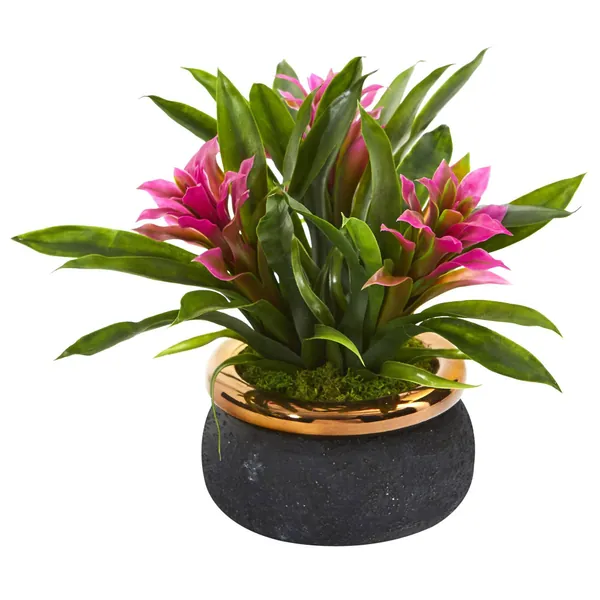 11” Bromeliad Artificial Plant in Stoneware Planter by Nearly Natural - Purple