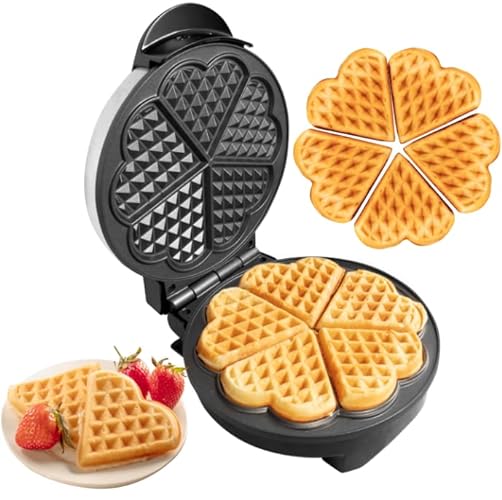 Heart Waffle Maker- Non-Stick Waffle Griddle Iron with Browning Control- 5 Heart-Shaped Waffles