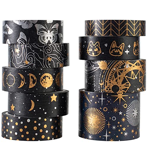 YUBBAEX Mystic Gold Washi Tape Set Wide Silver Foil Masking Tape Decorative for Arts, DIY Crafts, Journal Supplies, Planners, Scrapbook, Card/Gift Wrapping (Dark Night) - Dark Night