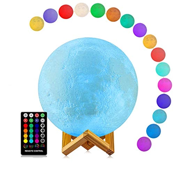 Moon Lamp, LOGROTATE Moon Light Lamps with Time Setting and Stand 3D Printing LED 16 Colors, Hung Up Decorative Night Lights for Baby Kids Friends Lover Birthday Gifts(Diameter 9.6 inch)