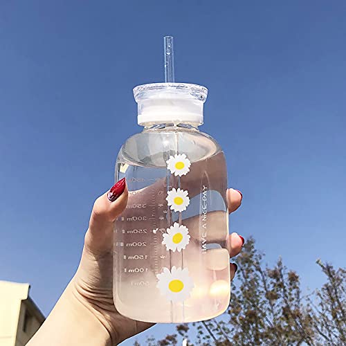480ml Milch Saft Nette Wasserflasche mit Skala 2 Deckel Kleine Gänseblümchen Matte Tragbare Transparente Wasser Tasse Gras Flaschen Kreative Handliche Tasse (Vier Blumen) - Transparente Blume
