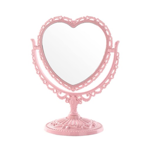 FSSTUD Plastic Heart Shaped Makeup Mirror Tabletop Cosmetic Mirror Double Sided Mirror Rotatable Vanity Mirror for Women Girls Pink - Pink