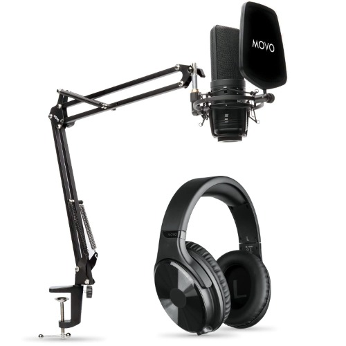 Movo Podcast Equipment Bundle - XLR Condenser Mic w/Studio Headphones, Pop Filter, Boom Arm, Shock Mount - Adjustable Mic Arm - Over Ear Headphones Wired for 3.5mm, 6.35mm - Recording Studio Package