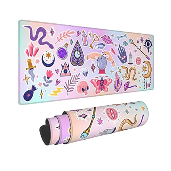 Kawaii Pastel Gothic Style Witchcraft Gaming Mouse Pad, Long Extended XL Mousepad Desk Pad, Large Nonslip Rubber Mice Pads Stitched Edges, 31.5'' X 11.8''