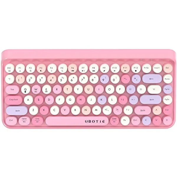 UBOTIE Portable Bluetooth Colorful Computer Keyboards, Wireless Mini Compact Retro Typewriter Flexible 84Keys Design Keyboard (Pink-Colorful)