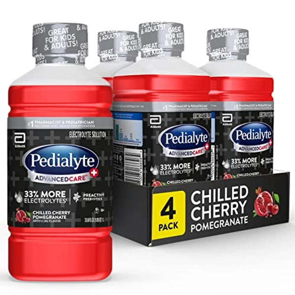 Pedialyte AdvancedCare Plus Electrolyte Drink, With 33% More Electrolytes and has PreActiv Prebiotics, Chilled Cherry Pomegranate 33.8 Fl Oz (Pack of 4)