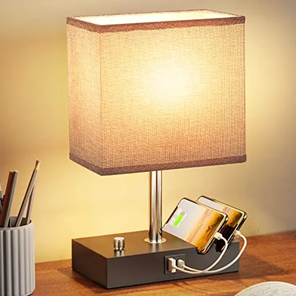 Seealle Fully Dimmable Table Lamp with USB A+C Charging Ports, Gray Fabric Shade Phone Stands, LED Bulb Included, Small Bedside Lamp for Bedroom Living Room Office