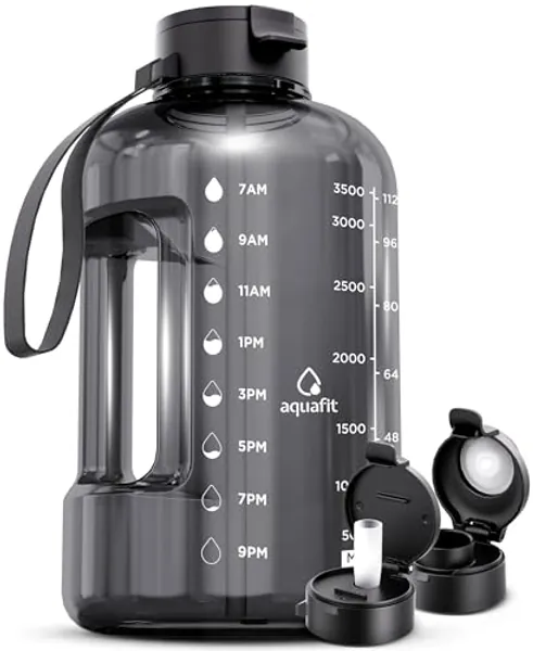 AQUAFIT 4 Litre Water Bottle with Straw - Water Bottle 4L with Time Marker - One Gallon Big Water Bottle with Straw - Large Water Bottle For Gym - Gray