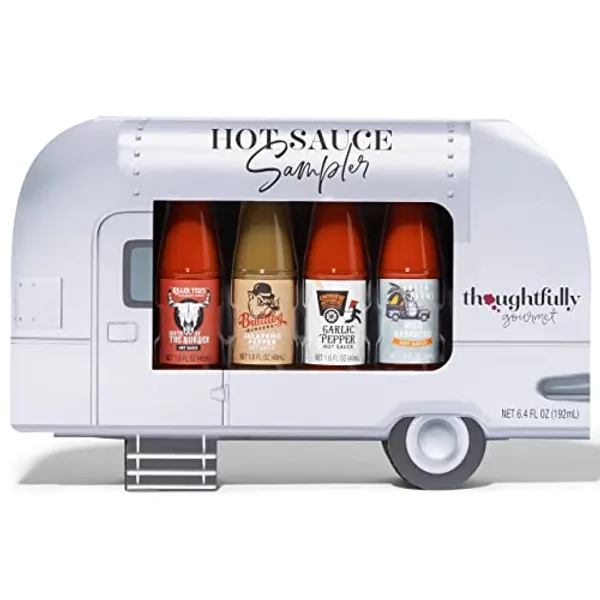 Thoughtfully Gourmet, Air Stream Foodie Finds Hot Sauce Sampler Gift Set, Flavours Include Mild Habanero, Garlic Pepper, Jalapeno Pepper and South of the Border, Set of 4 Flavourful Chilli Hot Sauces