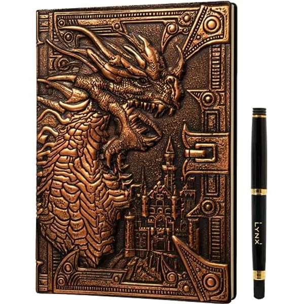 DND Notebook / Journal, Unique 200 Page Book with 3D Bronze Dragon Embossed Faux Leather Cover with Pen- Ideal for Dungeons & Dragons / D&D. Great RPG Accessories Gift for DM's & Players, Men or Women