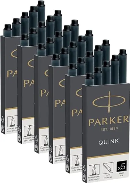Parker Quink Fountain Pen Refill Ink Cartridges 30 Pack - Black Ink