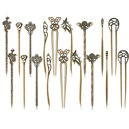FEPITO 18 PCS Hair Sticks Antique Bronze Hair Pin Chinese Women Hair Chopsticks Pins Retro Vintage Decorative for Hair Diy Accessory（9 Design）