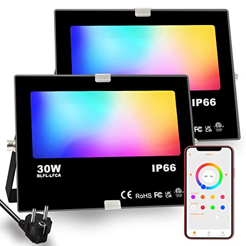 HEKEE RGB Projecteur 30W, Bluetooth, LED Exterieur Intelligente Changement de Couleur Rgbw Spot LED de Couleur, IP66 Etanche (2 Unité)