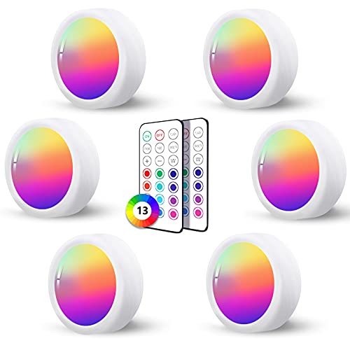 Spot Led Sans Fil a Pile Autocollant, 6 Pièces Dimmable Lampe Placard RGB Led avec Telecommande Eclairage Etagere Couleur Petite Lumiere Vitrine Led Cuisine Sous Meuble Sans Fil Applique Murale a Pile - Mode-04 - 6Pack