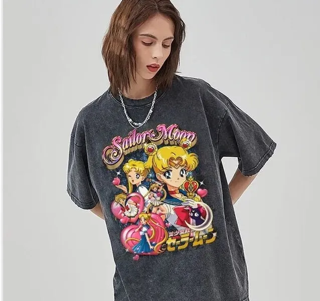 Anime Sailor Moon T-shirts Vintage Washed Tsukino Usagi Streetwear Cute Girl T-shirts Oversized Manga Short Sleeve Tops Tees