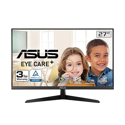ASUS VY279HE 27” Eye Care Monitor, 1080P Full HD, 75Hz, IPS, 1ms, Adaptive-Sync, Eye Care Plus, Color Augmentation, HDMI VGA, Frameless, VESA Wall Mountable - IPS 75Hz Eye Care Plus