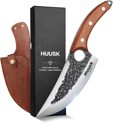 Huusk Knife Japan Kitchen, Upgraded Viking Knives with Sheath Hand Forged Butcher Knife for Meat Cutting Japanese Cooking Knife Meat Cleaver Huusk Chef Knives for Kitchen and Outdoor Camping, BBQ - Yellow