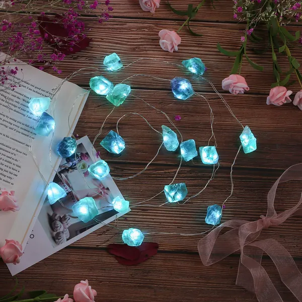 Natural Fluorite String Lights Raw Crystal Decorative Lights Healing Cluster Lit 20 LEDs 6.5ft with Remote Control, Hanging Ornaments Decor Battery Operated for Reiki, Wedding, Divination, Display - 