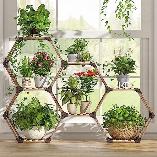 Tikea Plant Stand Indoor Outdoor Hexagonal Plant Stand for Multiple Plants Indoor Large Wooden Plant Shelf 7 Tiered Creative DIY Flowers Stand Rack for Living Room Balcony Patio Window - #7 Tiers