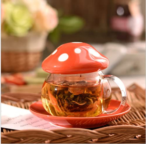 Ohsail Cute Tea Mug Set Mushroom Teapot Milk Glass Coffee Tea Cups Mugs with Lid and Tray Strainer Filter Infuser (290ML 9.6oz) (red) - Red