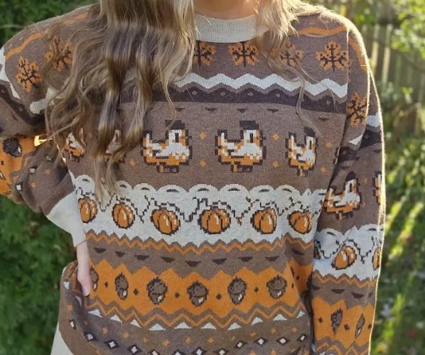 Fall Pixel Chicken Sweater | Autumn Knit Sweater | Large