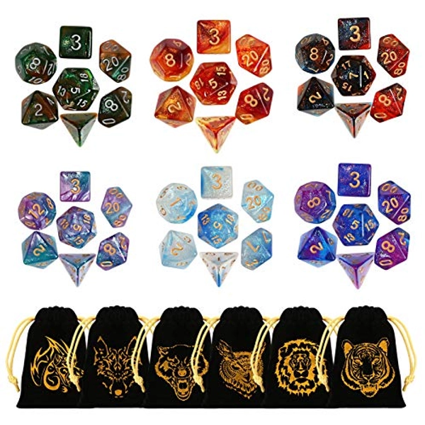 GWHOLE 42 Stück Polyedrische Würfel Set Glitzernd mit Taschen Doppel-Farben Polyedrischer Spielwürfel für Dungeons and Dragons DND RPG MTG W20 W12 W10 W8 W6 W4 Tischkartenspiele