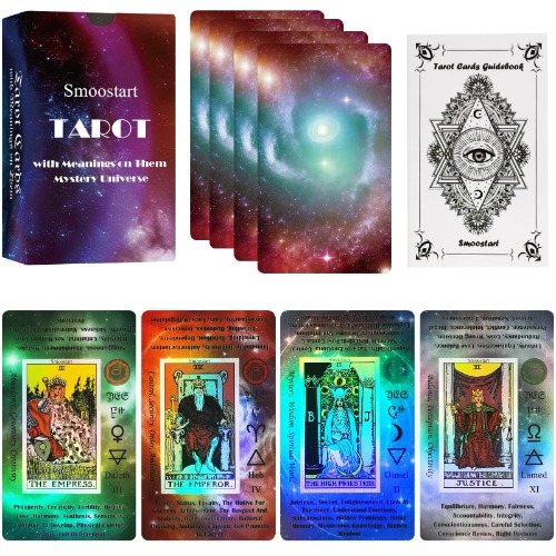 Smoostart Holografische Tarot voor beginners met betekenissen erop, met gids, trefwoorden, element, planeet, dierenriem, chakra, ja of nee, toonhoogte, numerologie, Hebreeuws alfabet