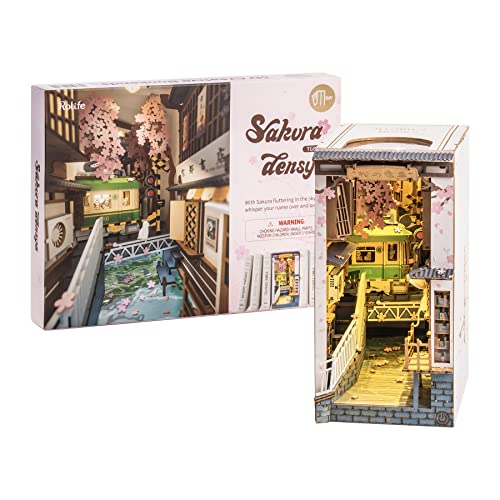 Rolife LED Book Nook Kit-Decorative Bookend Stand-3D Wooden Puzzle for Adults-Bookshelf Insert Booknook-Room Decor for Teen Girls Boys Women Men - 1.sakura Densya