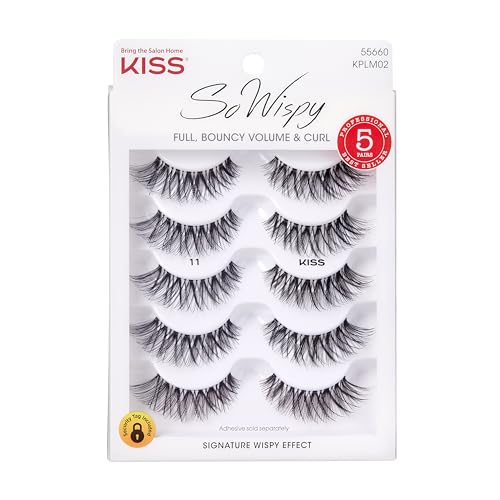 KISS So Wispy False Eyelashes Multipack #11, Full Bouncy Volume & Curl, Signature Wispy Effect, Quality Synthetic, Crisscross Pattern, Cruelty Free, Reusable and contact lens friendly, 5 Pairs 5 Pair (Pack of 1) Maximum Volume - Multi Pack