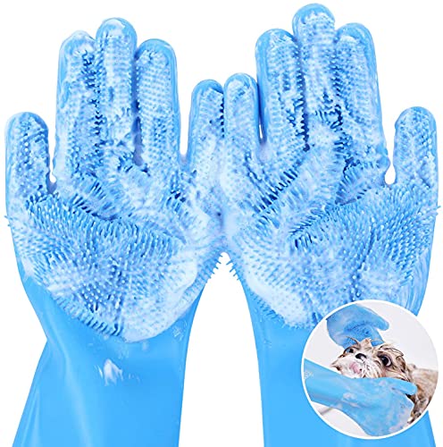 Pecute Pet Grooming Gloves, Heat Resistant Cat Bathing Gloves with High-Density Teeth, Silicone Dog Bathing Gloves with Enhanced Five Finger Design, Bathing and Massaging for Dogs and Cats Blue - Medium - Blue